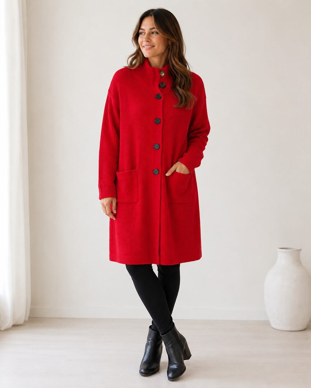 Women’s Red Longline Sweater Coat L Ribbed Button Front Pockets Oversized